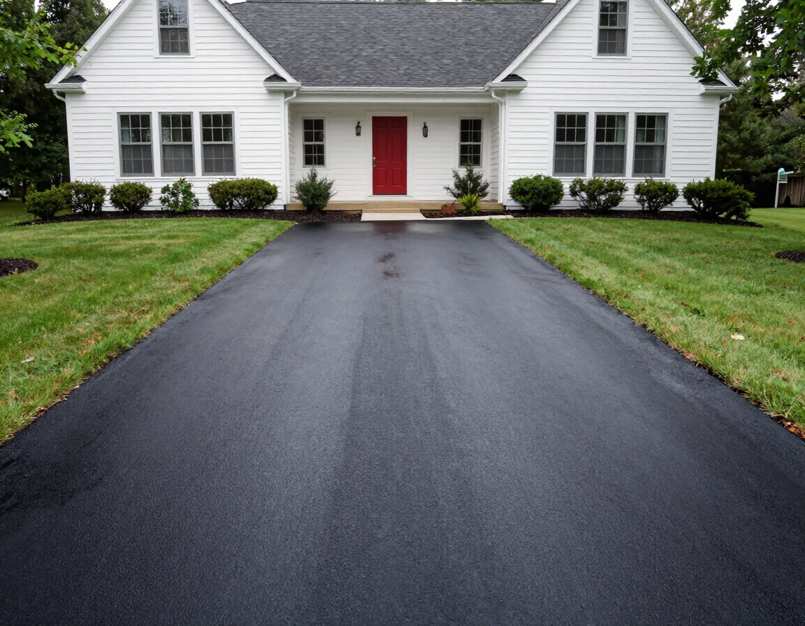 White house with a red front door and a freshly paved black driveway leading to it.