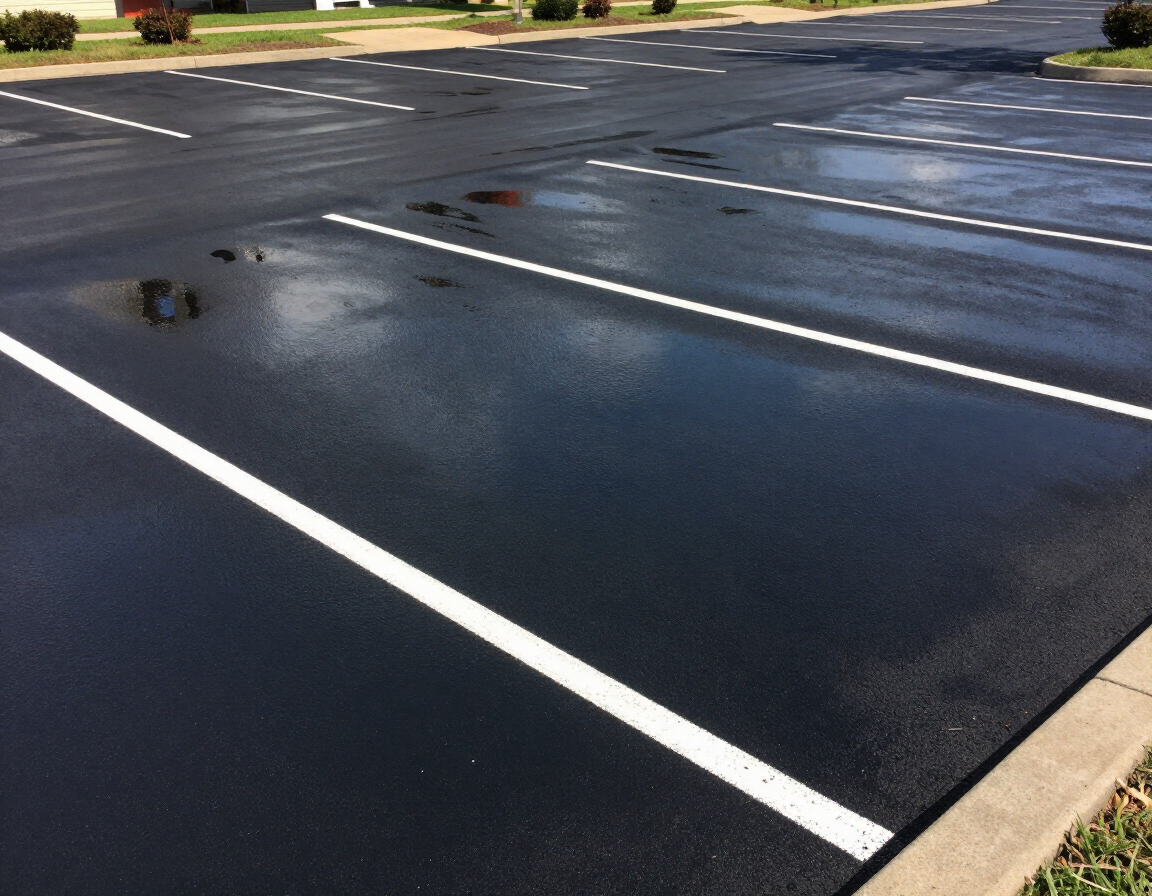 Empty wet parking lot with white lines and puddles on dark asphalt