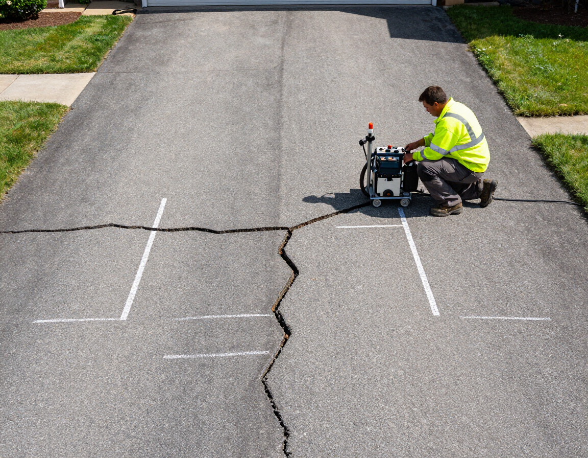 Worker inspecting cracked asphalt road with equipment outdoors