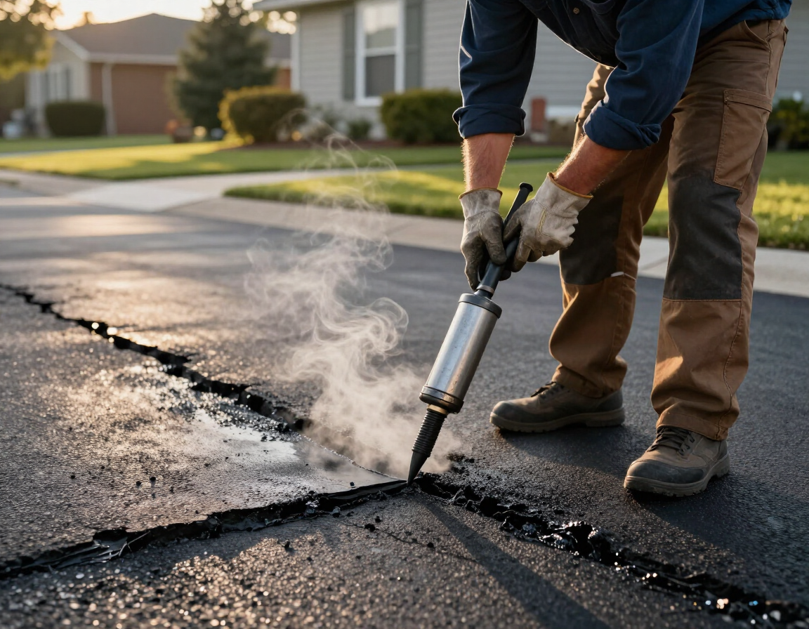 Worker using a jackhammer to break up cracked asphalt on a suburban street.