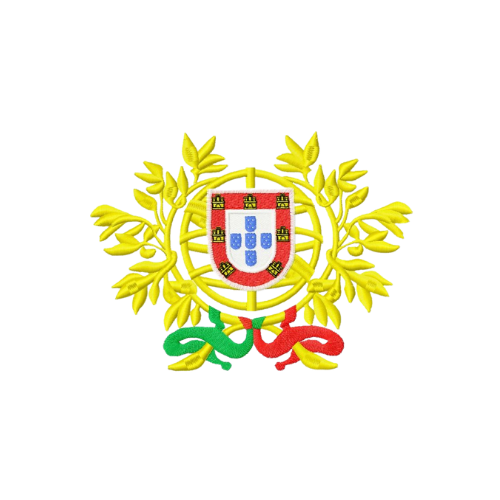 The coat of arms of portugal is surrounded by leaves and a snake.