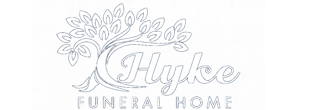 Hyke Funeral Home logo: white stylized tree, blue background, text "Hyke Funeral Home."
