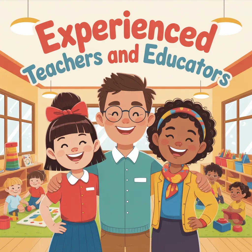 Illustration of three smiling adults with arms around each other in a classroom with children.