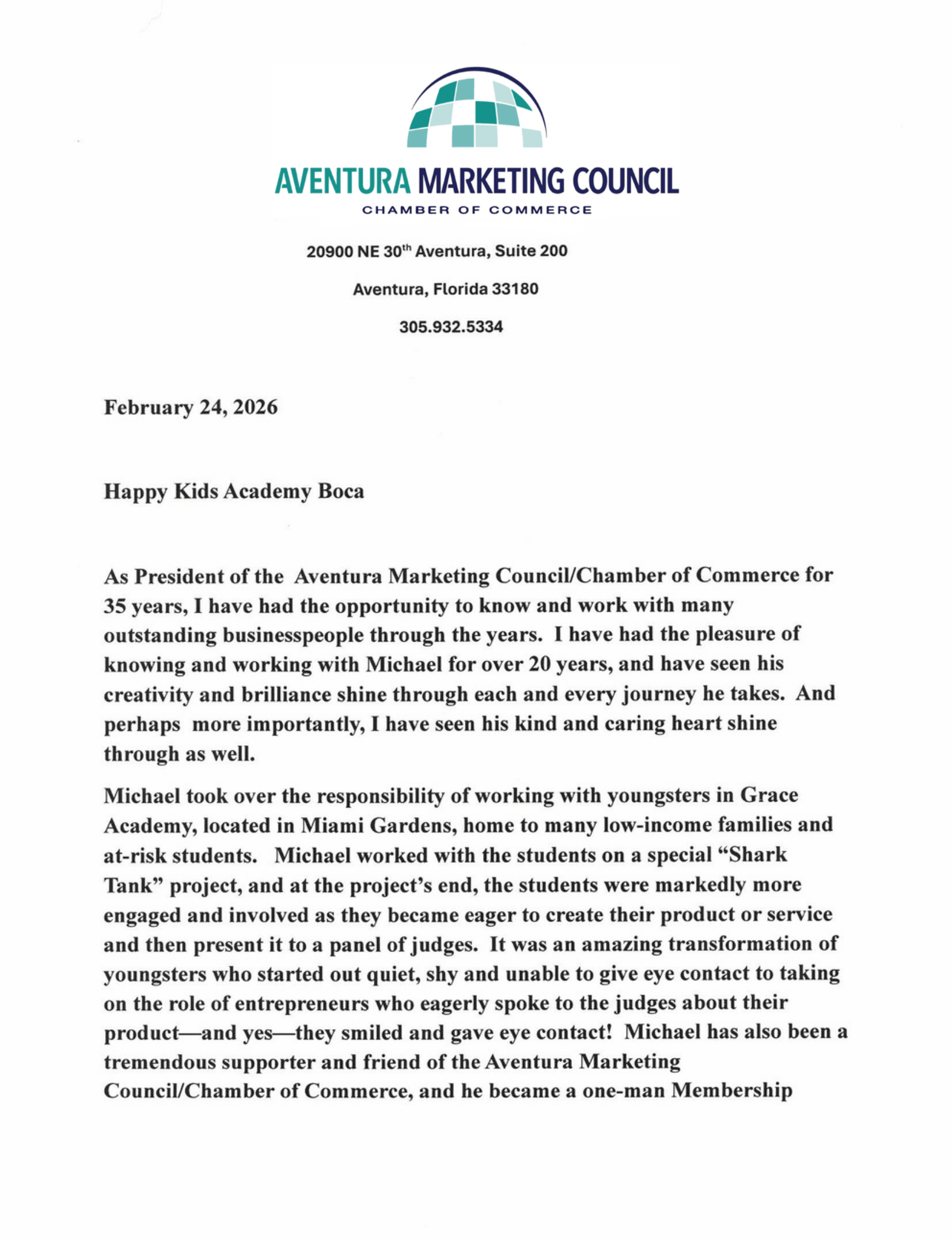 Printed letter on Aventura Marketing Council letterhead with teal logo and dense black text.