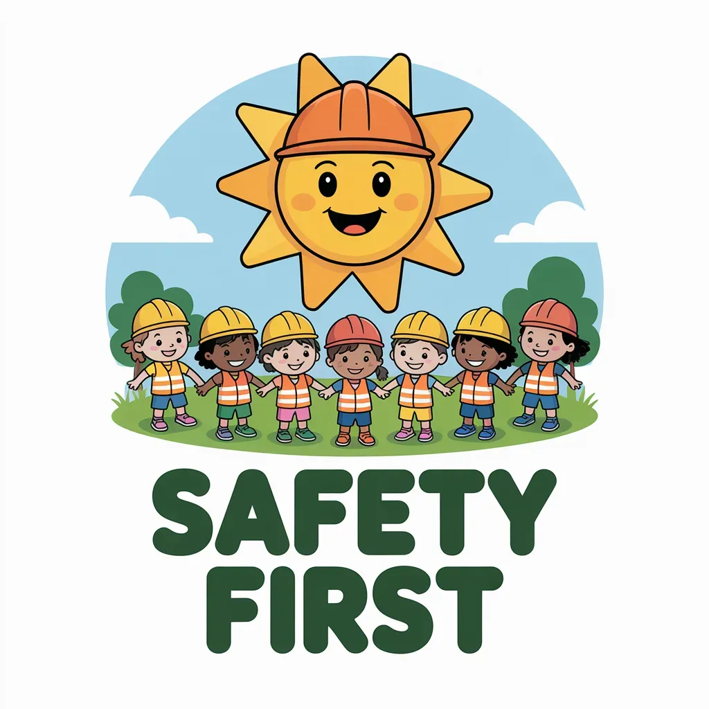 Sun wearing a hard hat smiles over children in safety vests and helmets, holding hands.