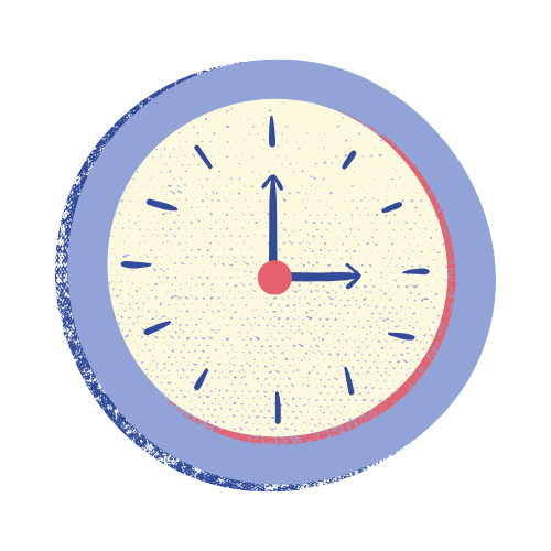 Clock showing 3 o'clock. Blue and red details, textured appearance.