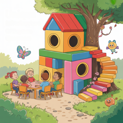 Children play at a colorful block house with stairs and tree; a butterfly and friendly creatures are nearby.