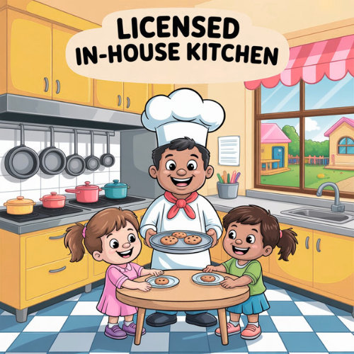 Chef serves cookies to two children in a colorful, licensed kitchen.