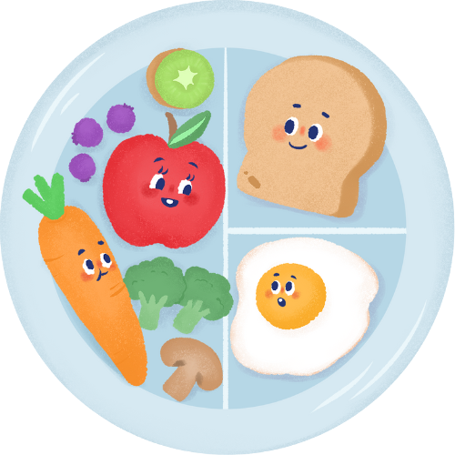 Plate of food with cartoon carrot, apple, bread, egg, broccoli, and kiwi.