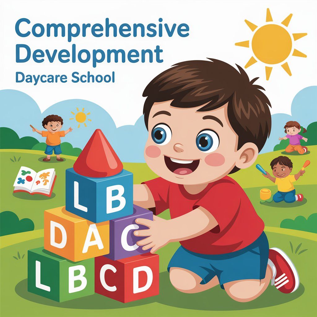 Boy building blocks, smiling. Daycare children playing on grass. Sun overhead.