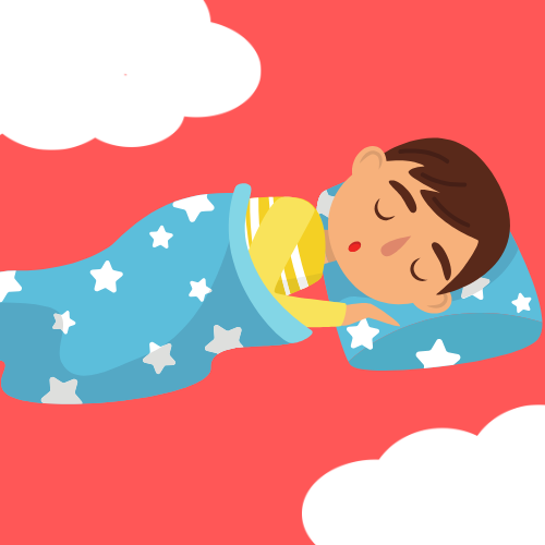 Child sleeping under a blue star-patterned blanket, on a pillow. Red background with white clouds.