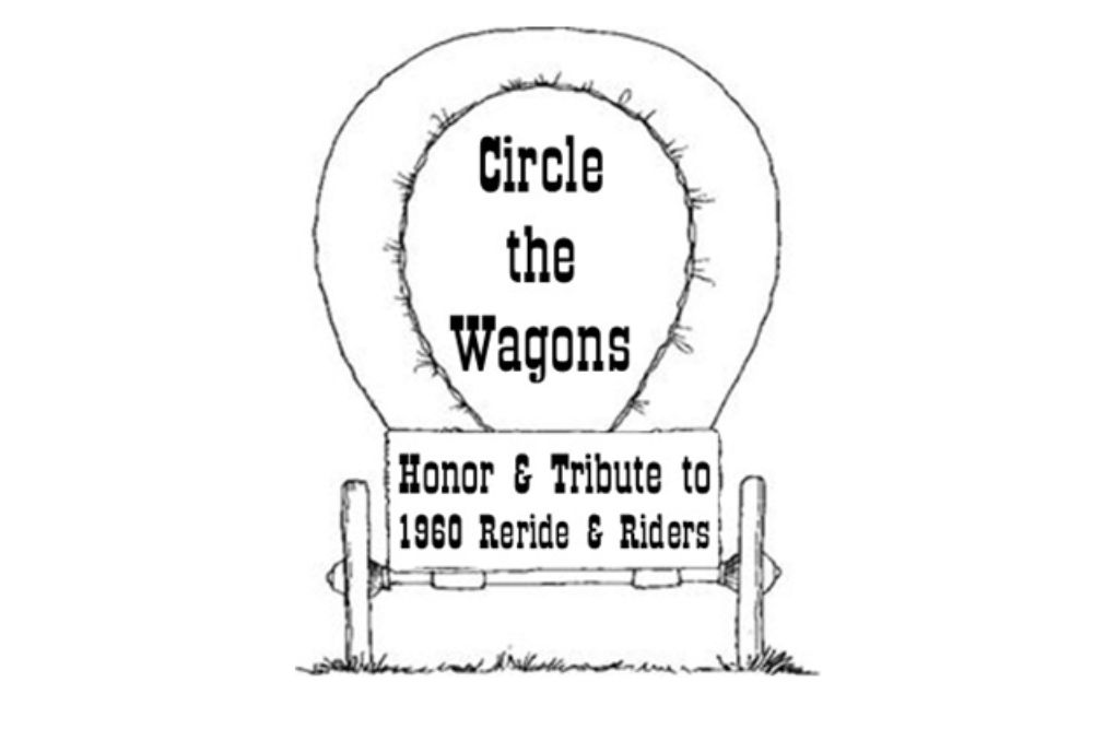 A line-art drawing of a covered wagon. The text reads 