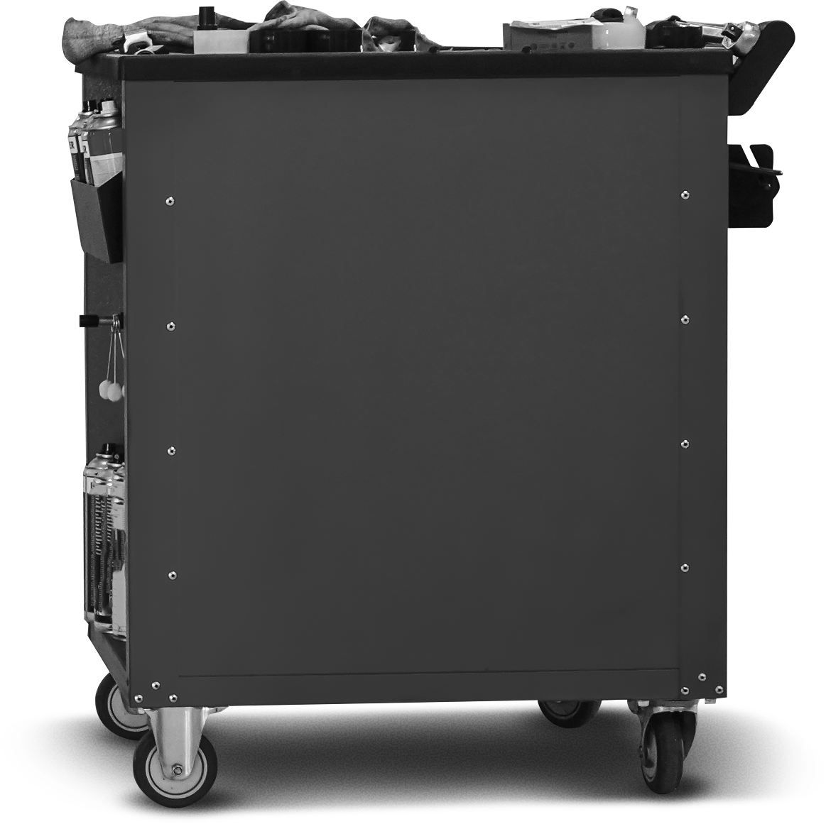 Dark gray tool cart on wheels, side view.