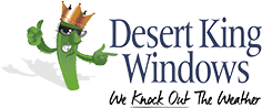 Desert King Windows logo with a green cartoon cactus wearing a crown and the slogan &ldquo;We Knock Out The Weather&rdquo;