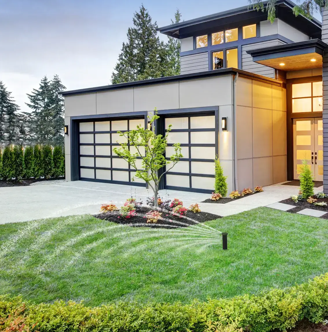 A modern house watering a lush green front lawn at dusk with the Irrigreen smart sprinkler system