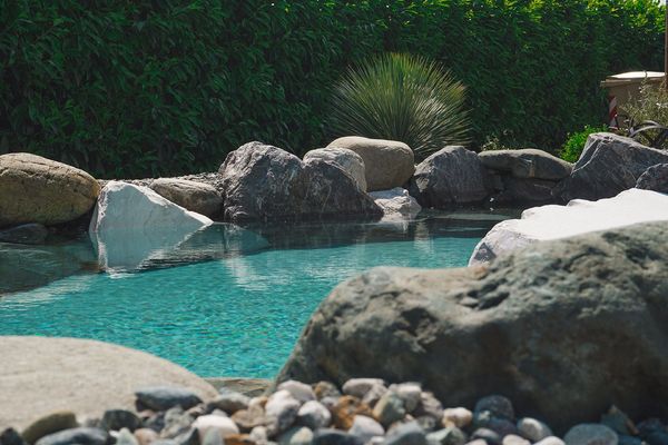 Laghetto roccioso in giardino con acqua cristallina color turchese e siepi verdi sullo sfondo.