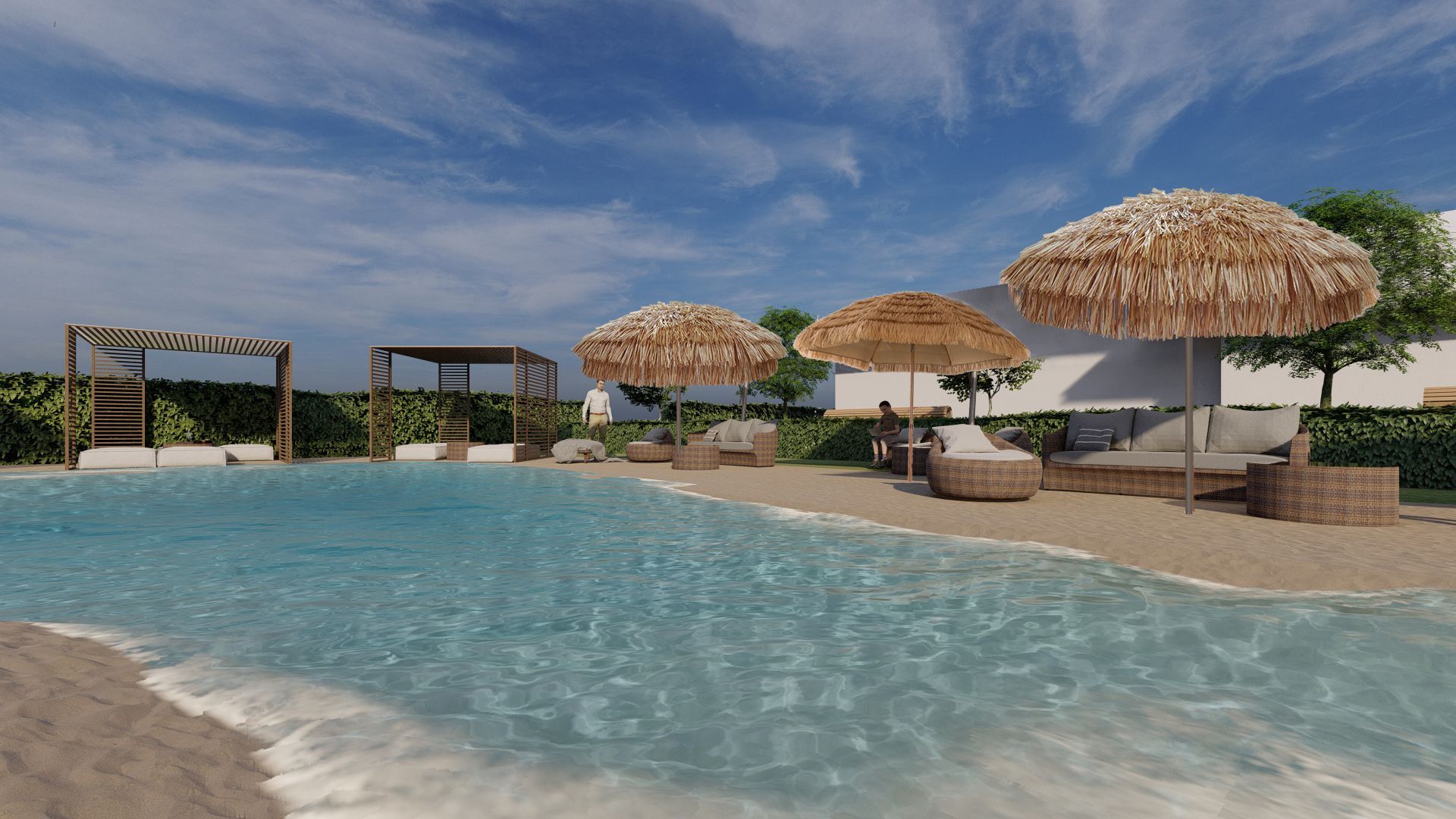 piscina naturale modello Caraibi con sabbia e rocce di Rocks Design