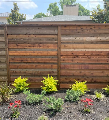 A wooden fence surrounds a garden with flowers and shrubs.
