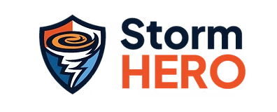 Storm HERO logo with a shield tornado icon in navy, orange, and white
