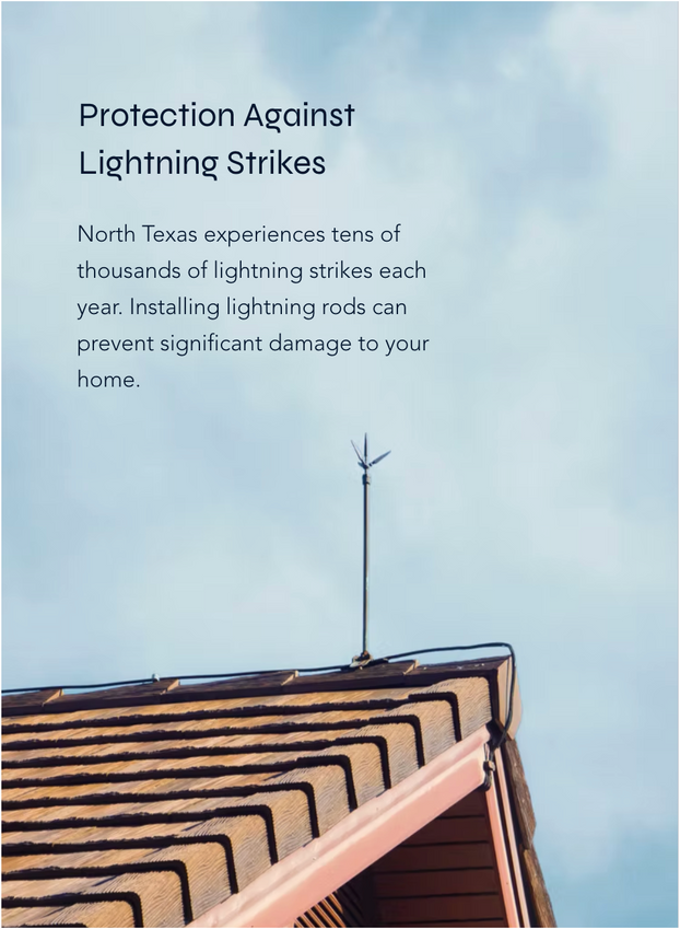 Roof with lightning rod under cloudy sky, titled “Protection Against Lightning Strikes”