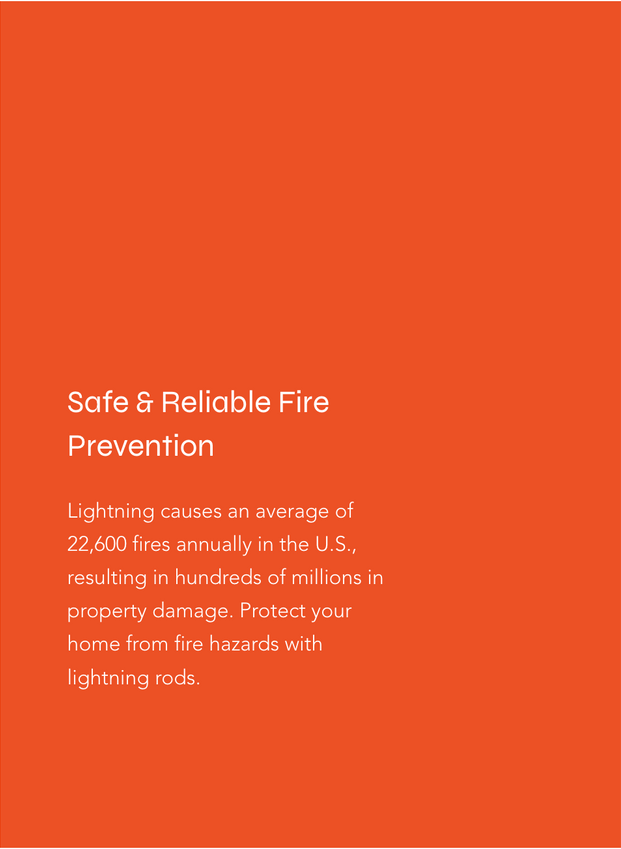 Orange fire safety poster with white text about lightning-caused fires and home protection