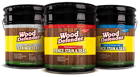 Three buckets of wood defender fence stain and seal.