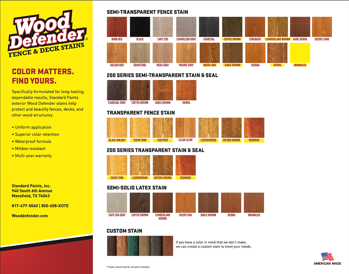 A wood defender color chart shows different shades of wood.