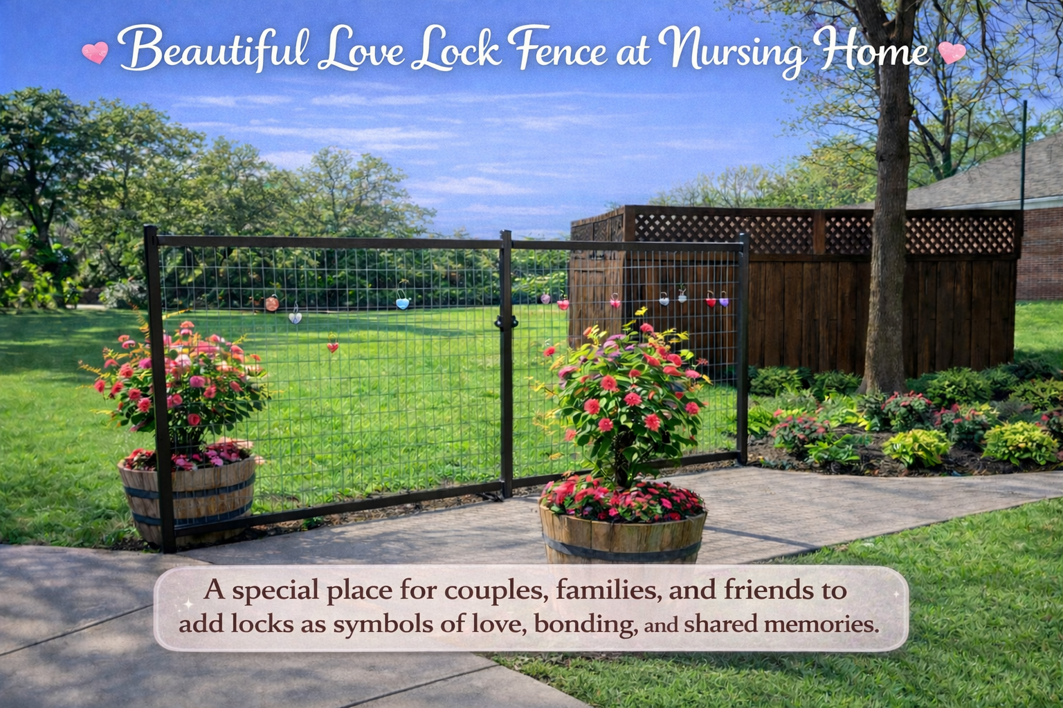 Love lock fence at nursing home with flowers and sign for couples and families