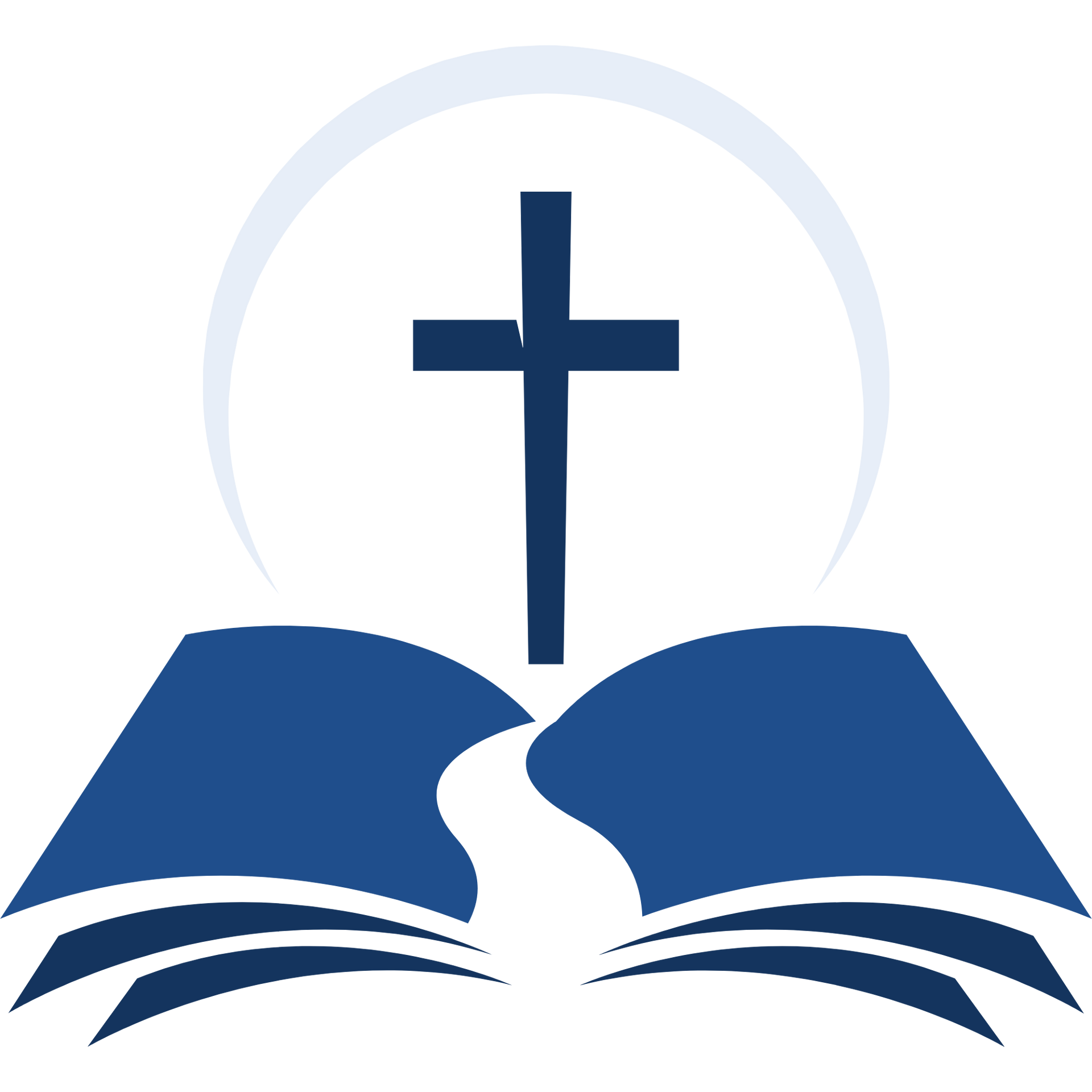 Blue open book with a cross above and a curved path; white halo.