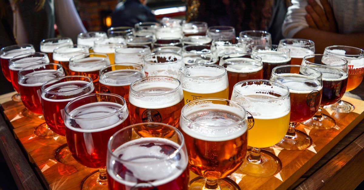 Coworkers raising beer glasses at a post-holiday team celebration in a Middlebury CT brewpub