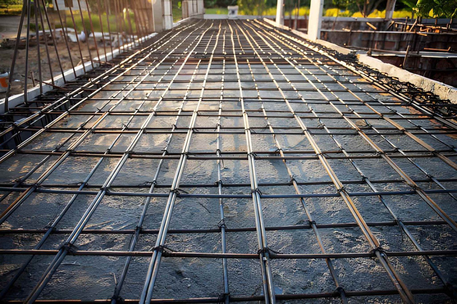 Steel rebar grid laid over a concrete bridge deck under construction