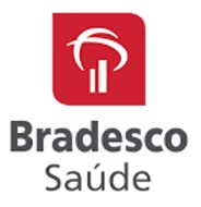 Logotipo do Bradesco Saúde com um quadrado vermelho, desenho branco e texto cinza.