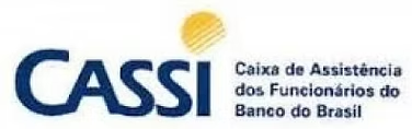 Logotipo da CASSI, um plano de saúde brasileiro para funcionários do Banco do Brasil. Texto azul e sol amarelo.