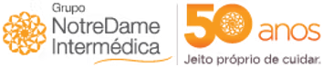 Logo for Grupo NotreDame Intermédica, celebrating 50 years. Text: 