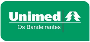 Logotipo verde da Unimed com texto branco e um emblema de flechas empilhadas. 