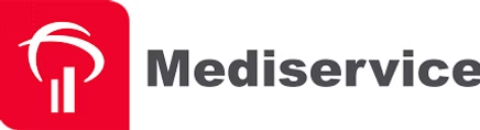 Logotipo da Mediservice: quadrado vermelho com um desenho branco e a palavra 