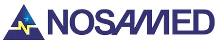 Logotipo da NOSAMED: triângulo azul com raio amarelo e texto azul.