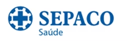 Logotipo da SEPACO Saúde. Uma engrenagem azul em torno de uma cruz azul, com 