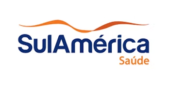 Logo of SulAmérica Saúde, with orange wavy line above blue text.