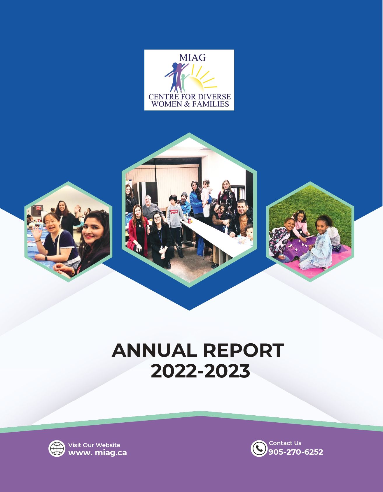 The cover of the annual report for 2022-2023 shows a group of people standing around a table.