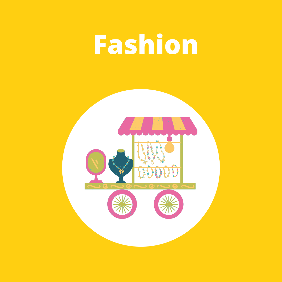 A cartoon illustration of a cart selling jewelry and a mirror.