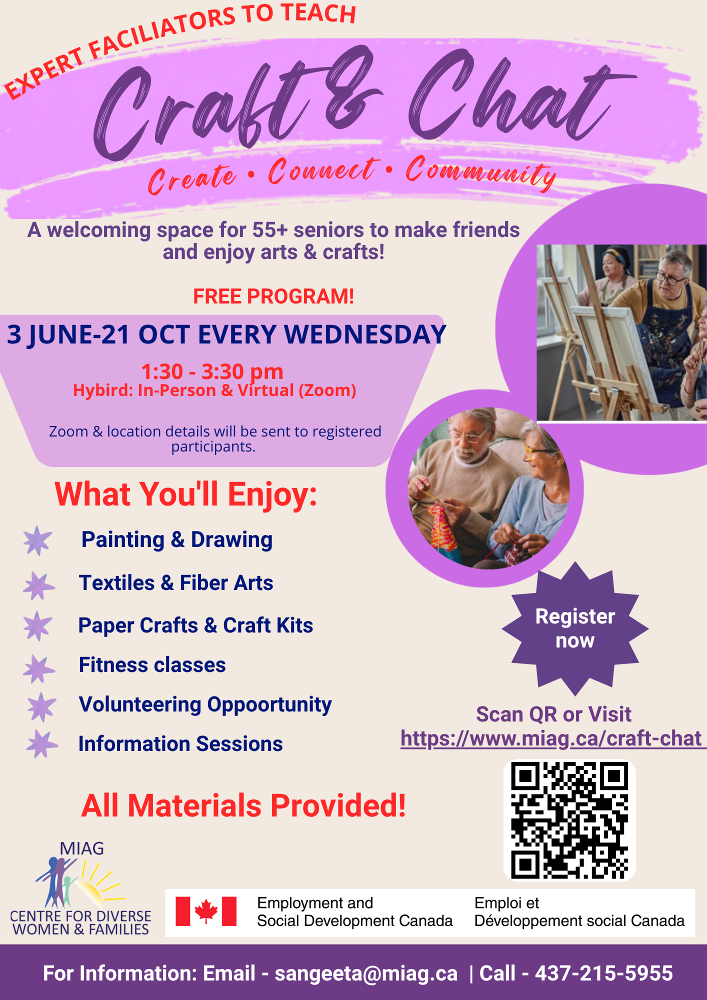 Craft Chat flyer for women, with paint and social activities, June 3–21, Tuesdays, at a community center.