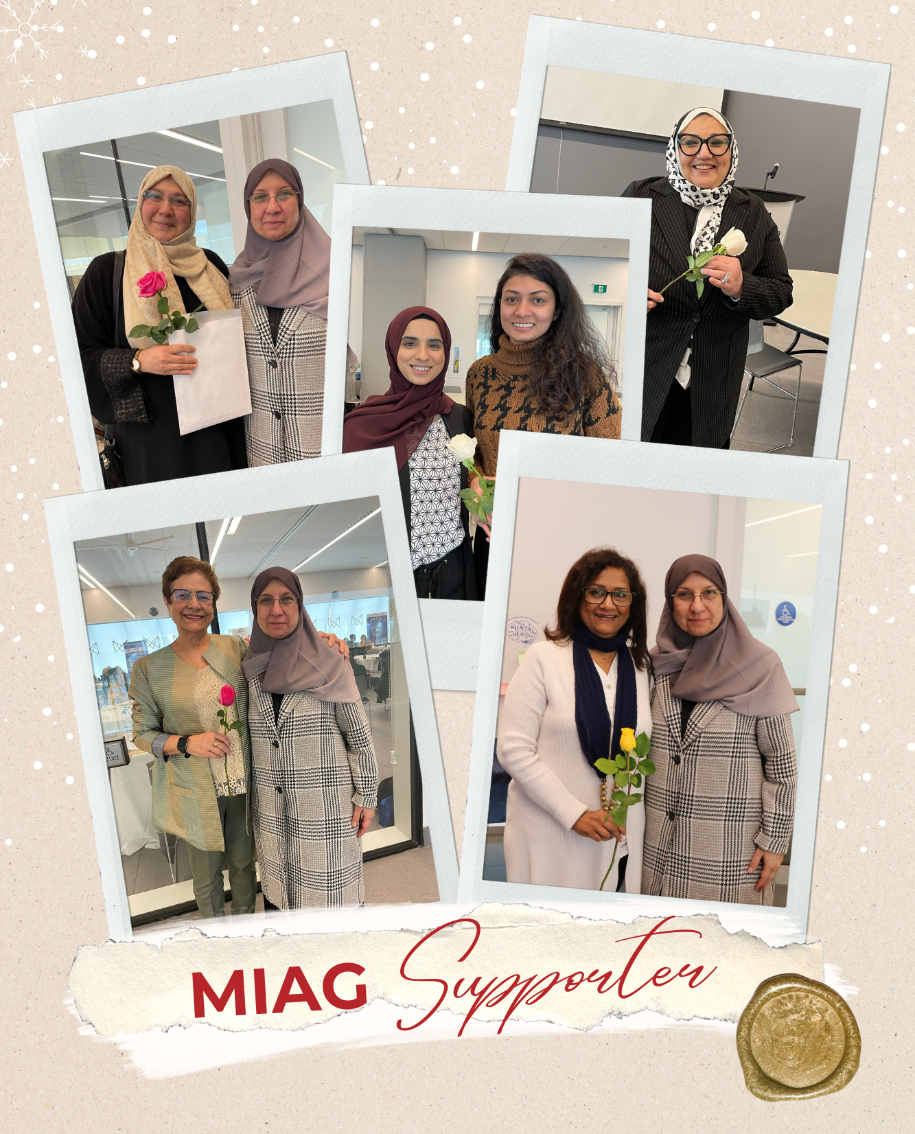 A collage of photos of women holding flowers and standing next to each other.