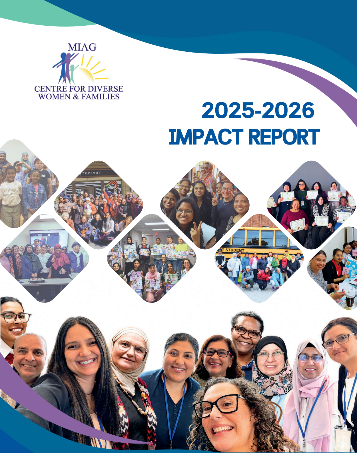 2025-2026 Impact Report cover with collage of smiling people and teal, purple, and white design