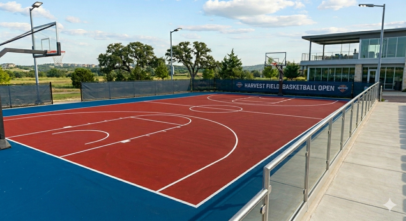 Outdoor basketball court with red and blue flooring beside a building and walkway