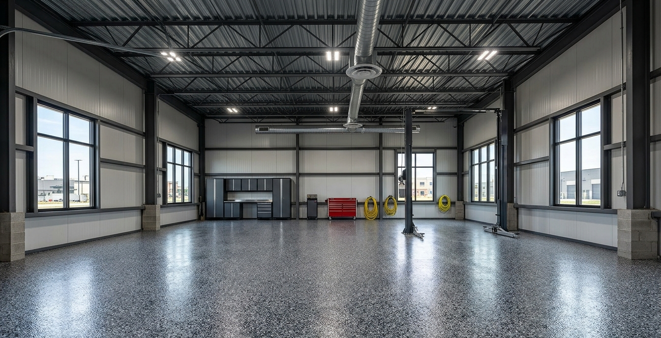 Empty industrial workshop with polished floor, large windows, and a high ceiling