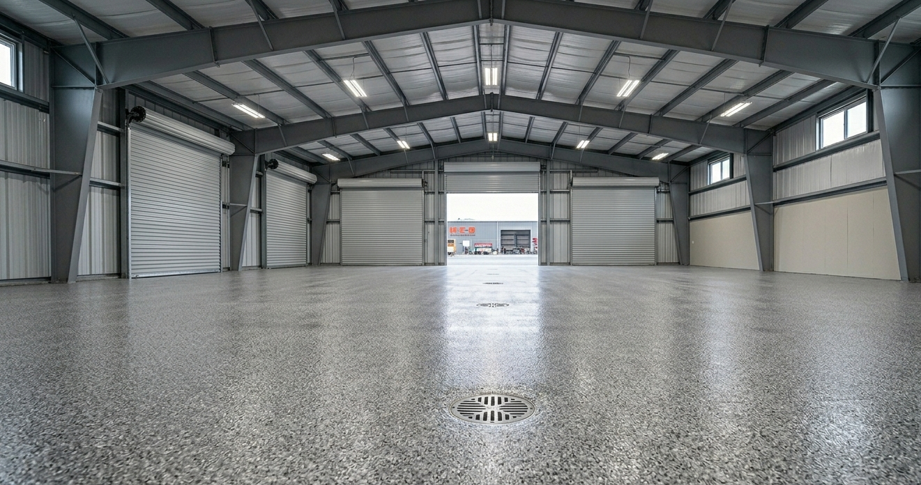 Empty industrial warehouse interior with a polished concrete floor and open garage doors.