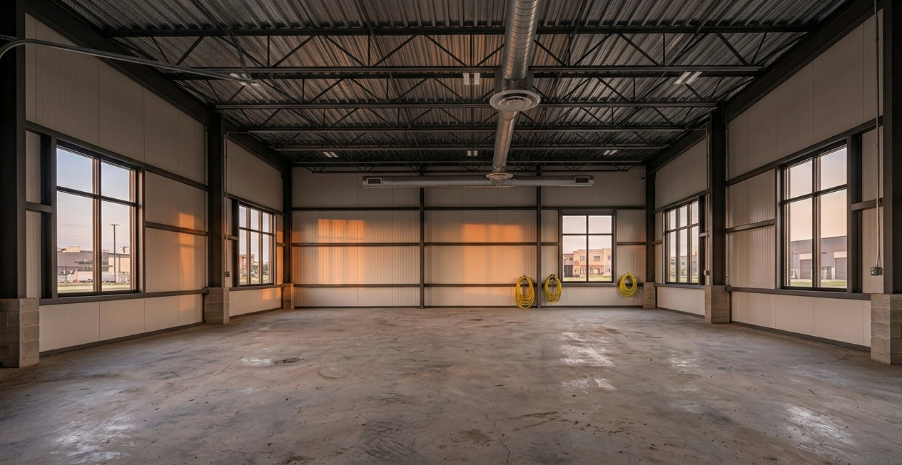 Empty industrial warehouse interior with large windows, concrete floor, and exposed ceiling beams