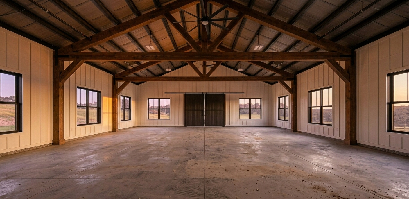 Empty rustic hall with exposed wooden beams, tan walls, and windows along both sides