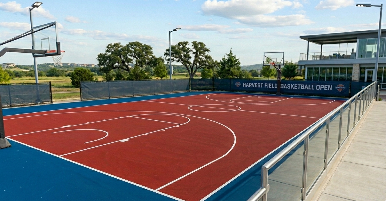 Outdoor sports court with a red surface, blue borders, and a basketball hoop beside a walkway.